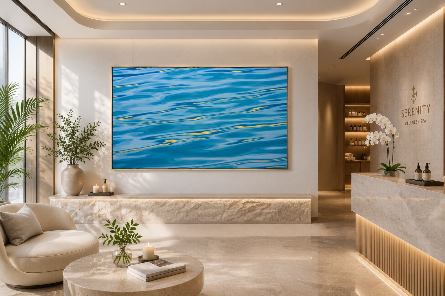 Large blue abstract water photography print installed in a luxury spa reception interior